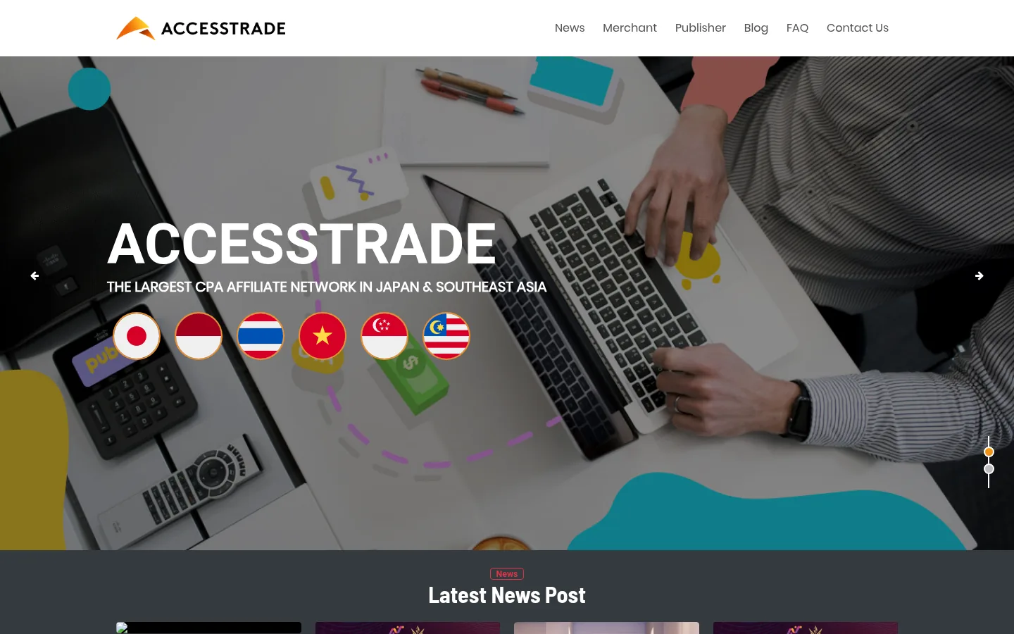 ACCESSTRADE website, showing the home page banner with the flags of its Asian markets
