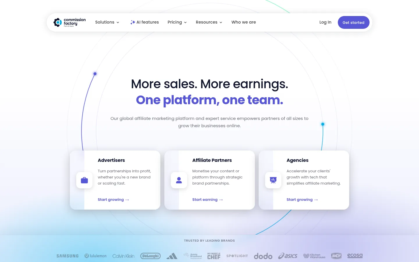 Commission Factory website, showing the home page headline about one affiliate platform with cards for advertisers, affiliates and agencies