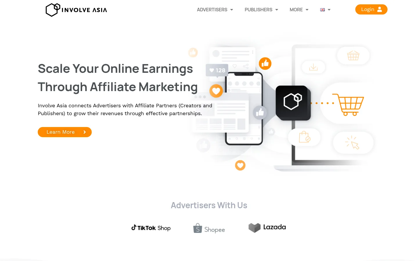 Involve Asia website, showing the home page headline about affiliate marketing earnings with marketplace logos