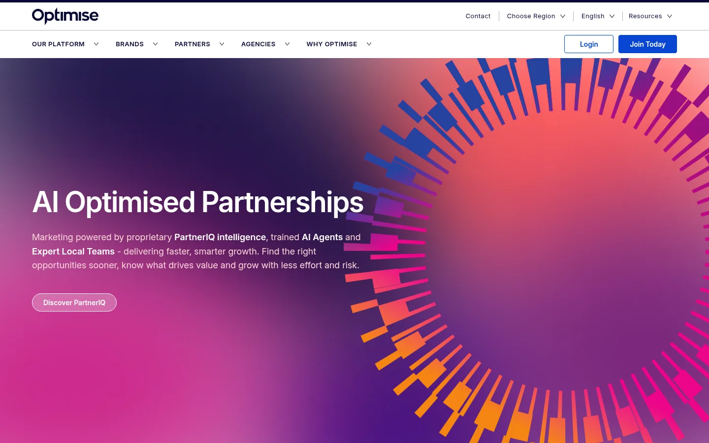 Optimise website, showing the home page headline about AI optimised partnerships