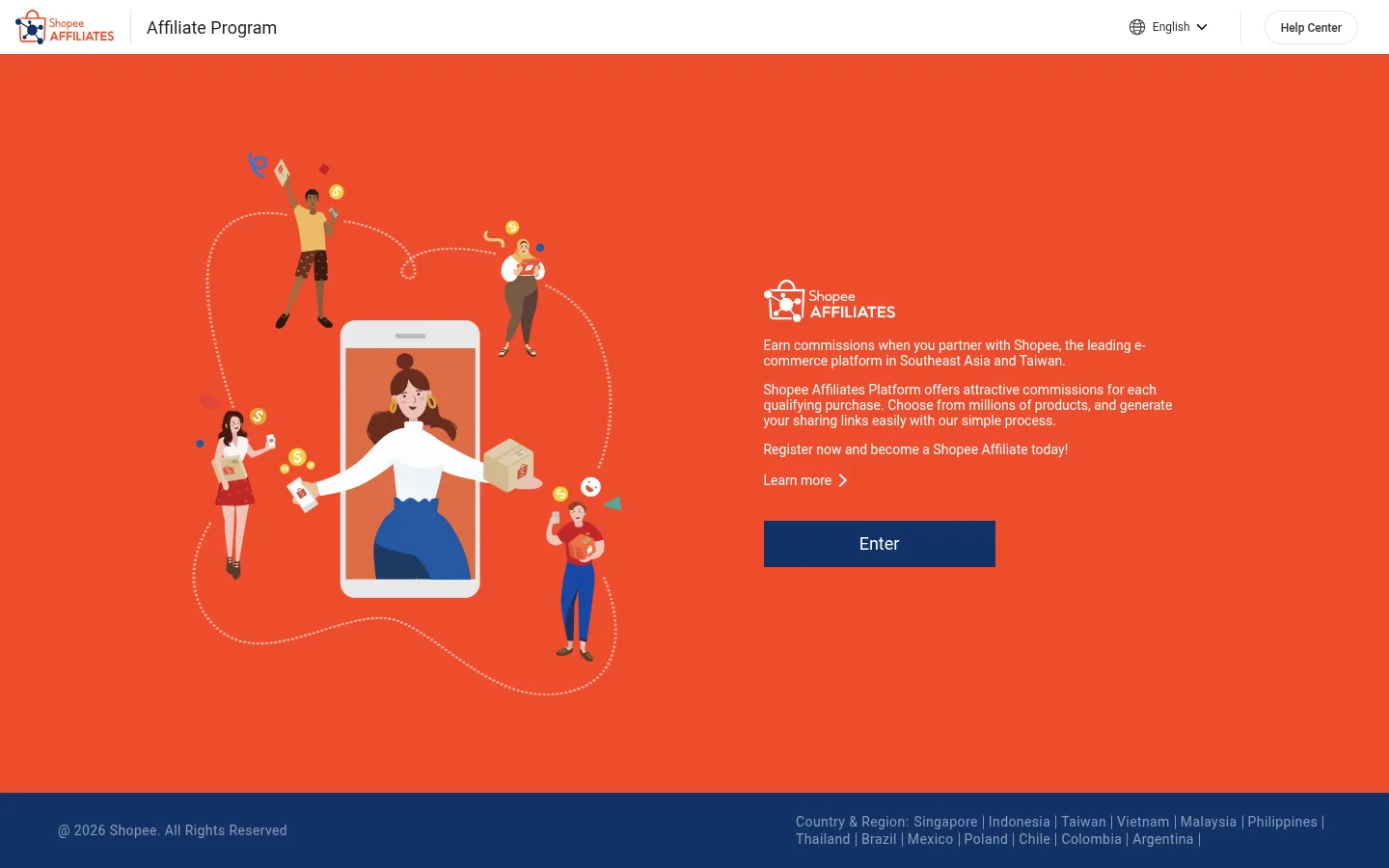 Shopee Affiliate Program website, showing the Shopee Affiliates Program landing page with an Enter button