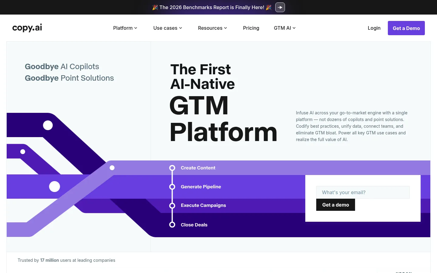 Copy.ai website, showing the home page headline about its GTM platform beside a workflow diagram