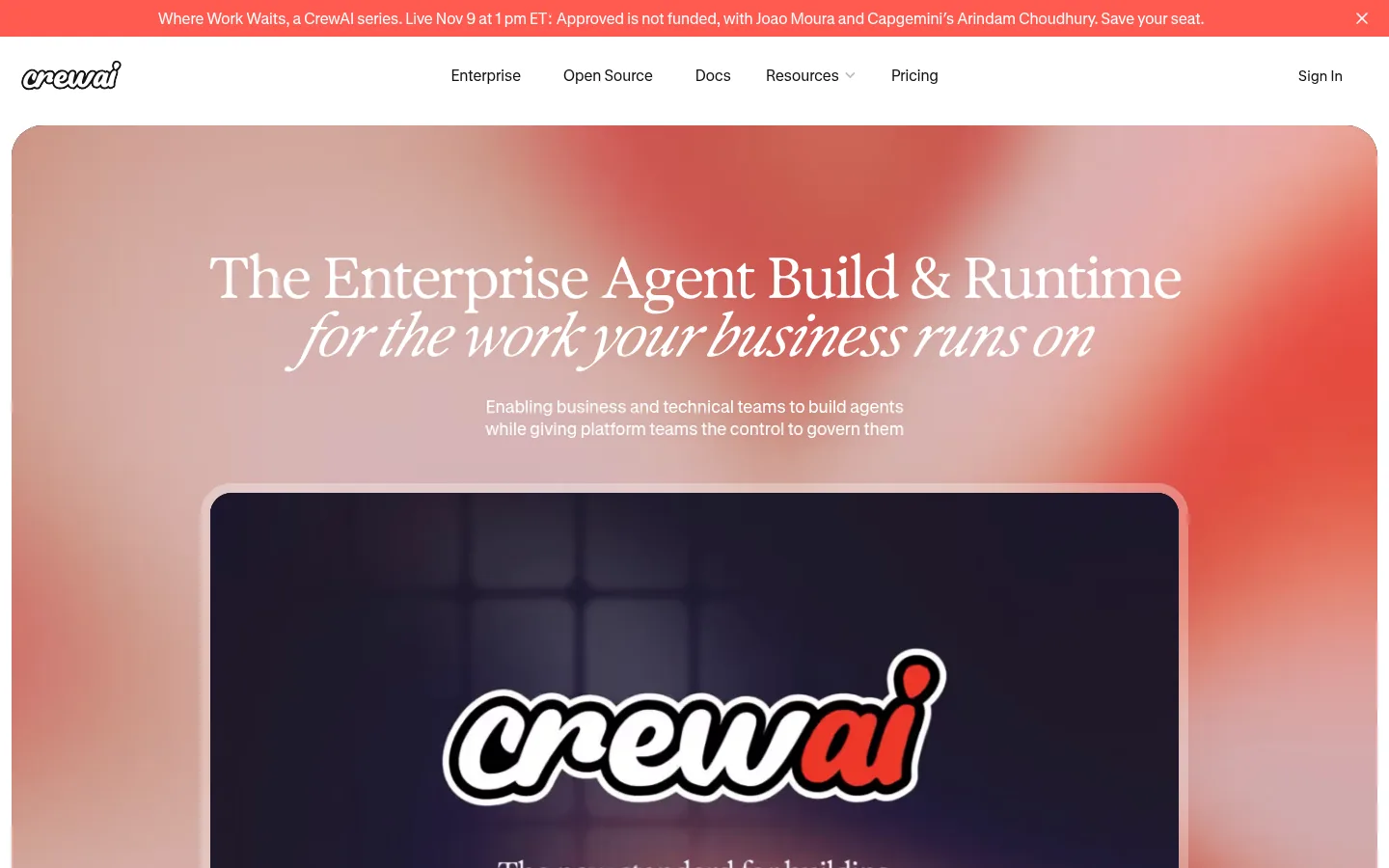 CrewAI website, showing the home page headline about an enterprise platform to build and run agents