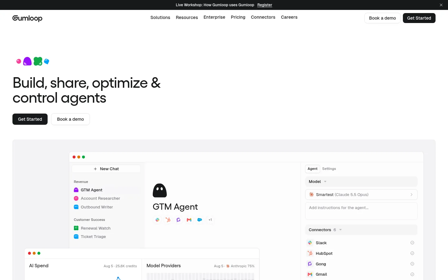 Gumloop website, showing the home page headline about building and controlling agents above the agent builder