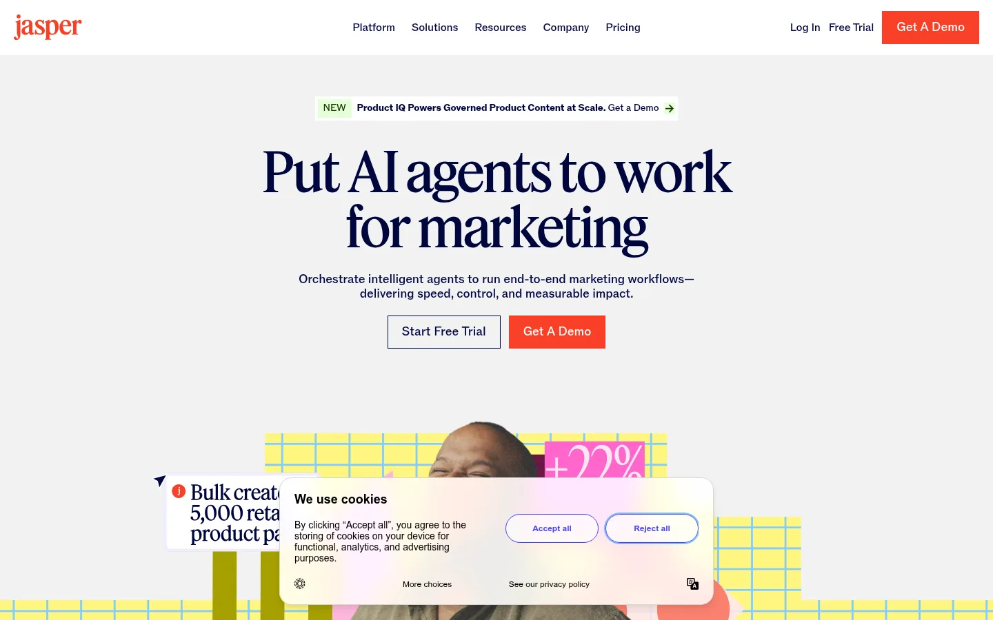 Jasper website, showing the home page headline about AI agents for marketing with a cookie notice