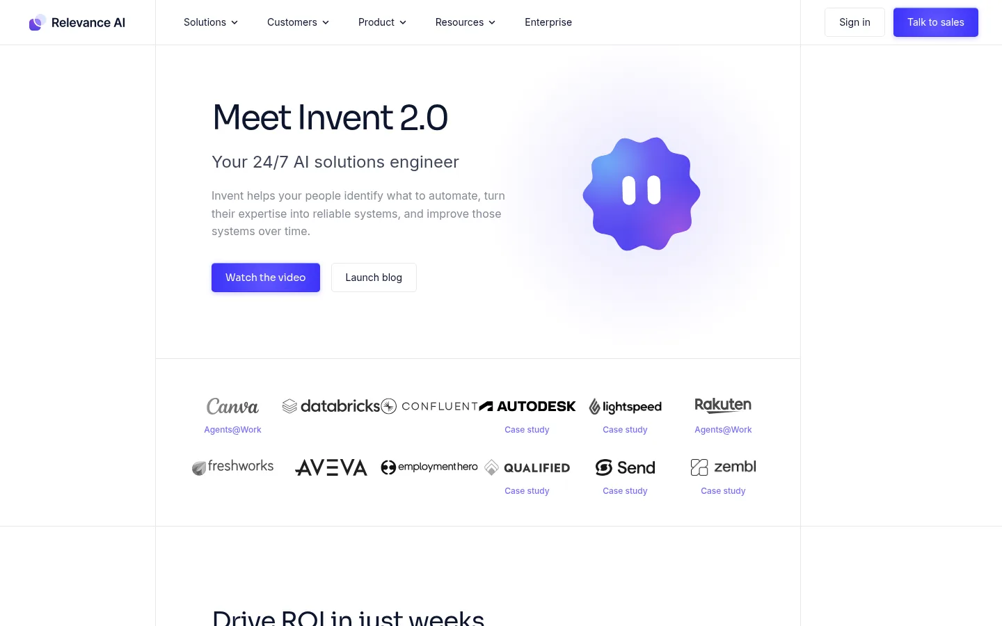 Relevance AI website, showing the home page announcing Invent 2.0 above customer logos