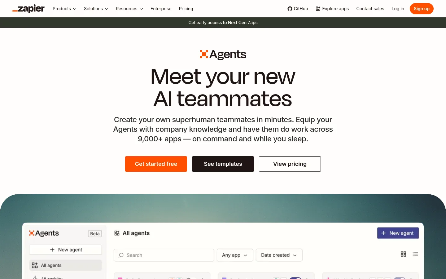 Zapier Agents website, showing the Zapier Agents page headline about AI teammates above the agents list