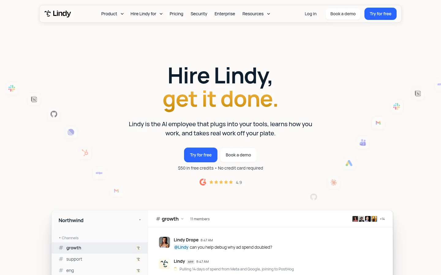 Lindy website, showing the home page headline about hiring Lindy above a chat preview