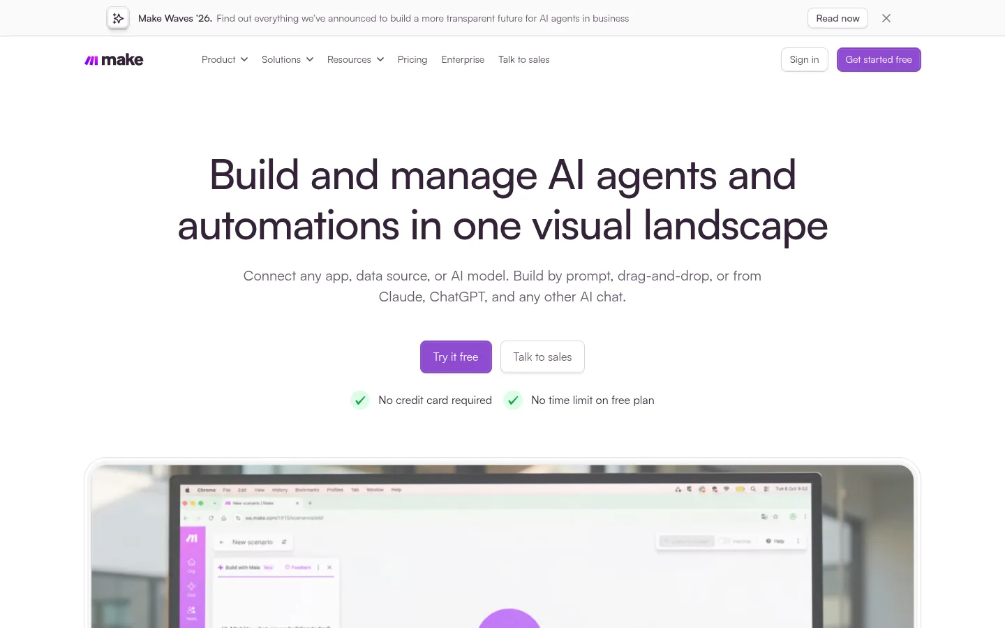 Make website, showing the home page headline about building AI agents and automations in one visual workspace