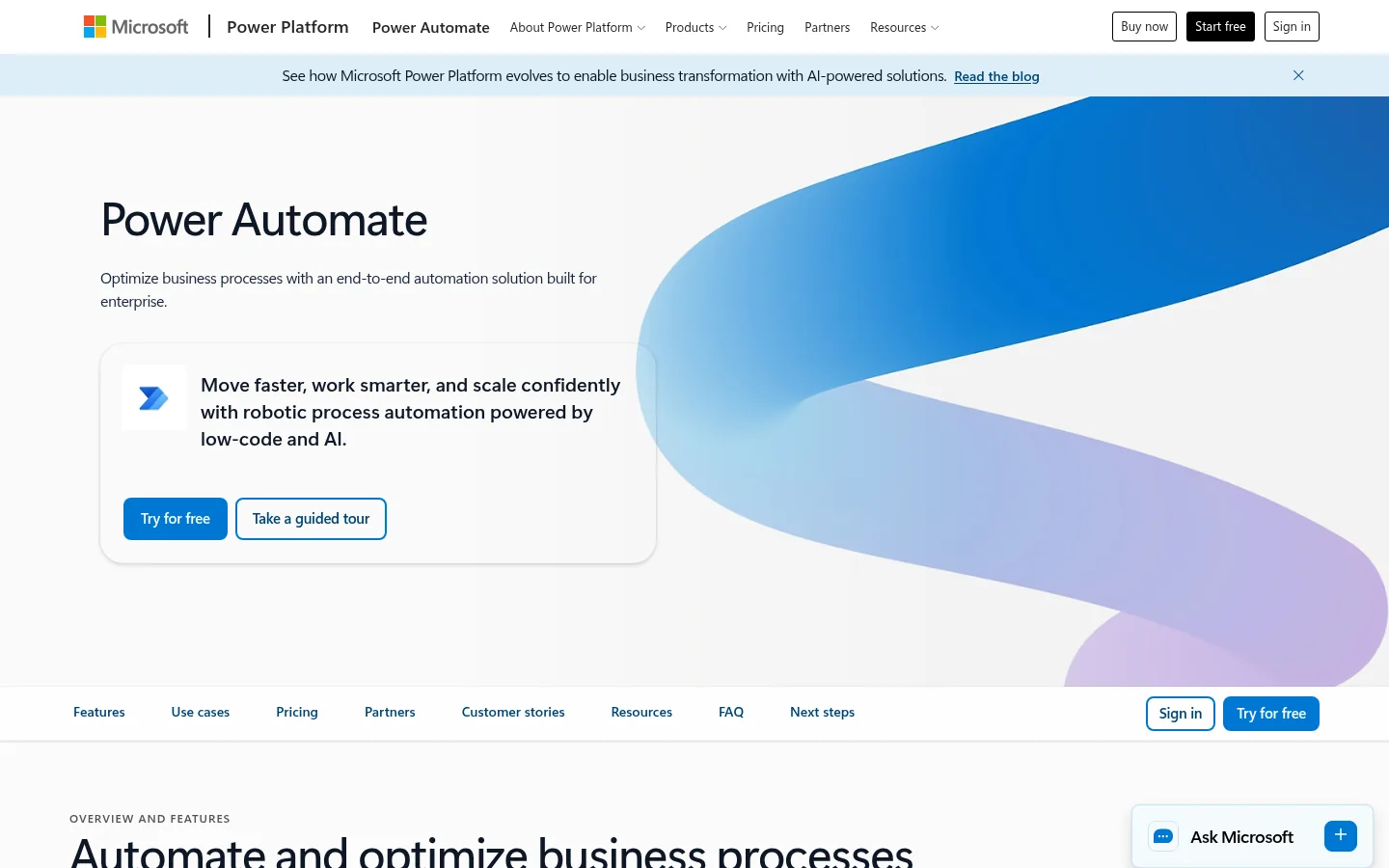 Microsoft Power Automate website, showing the Power Automate product page header