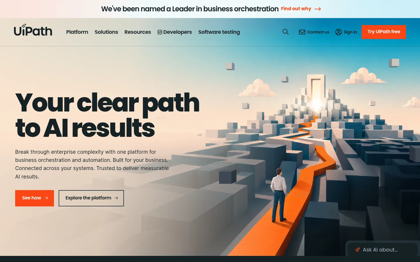 UiPath website, showing the home page headline about a clear path to AI results