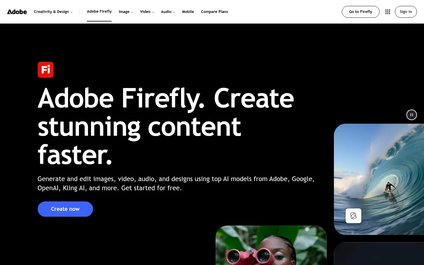Adobe Firefly website, showing the Adobe Firefly product page headline beside sample images