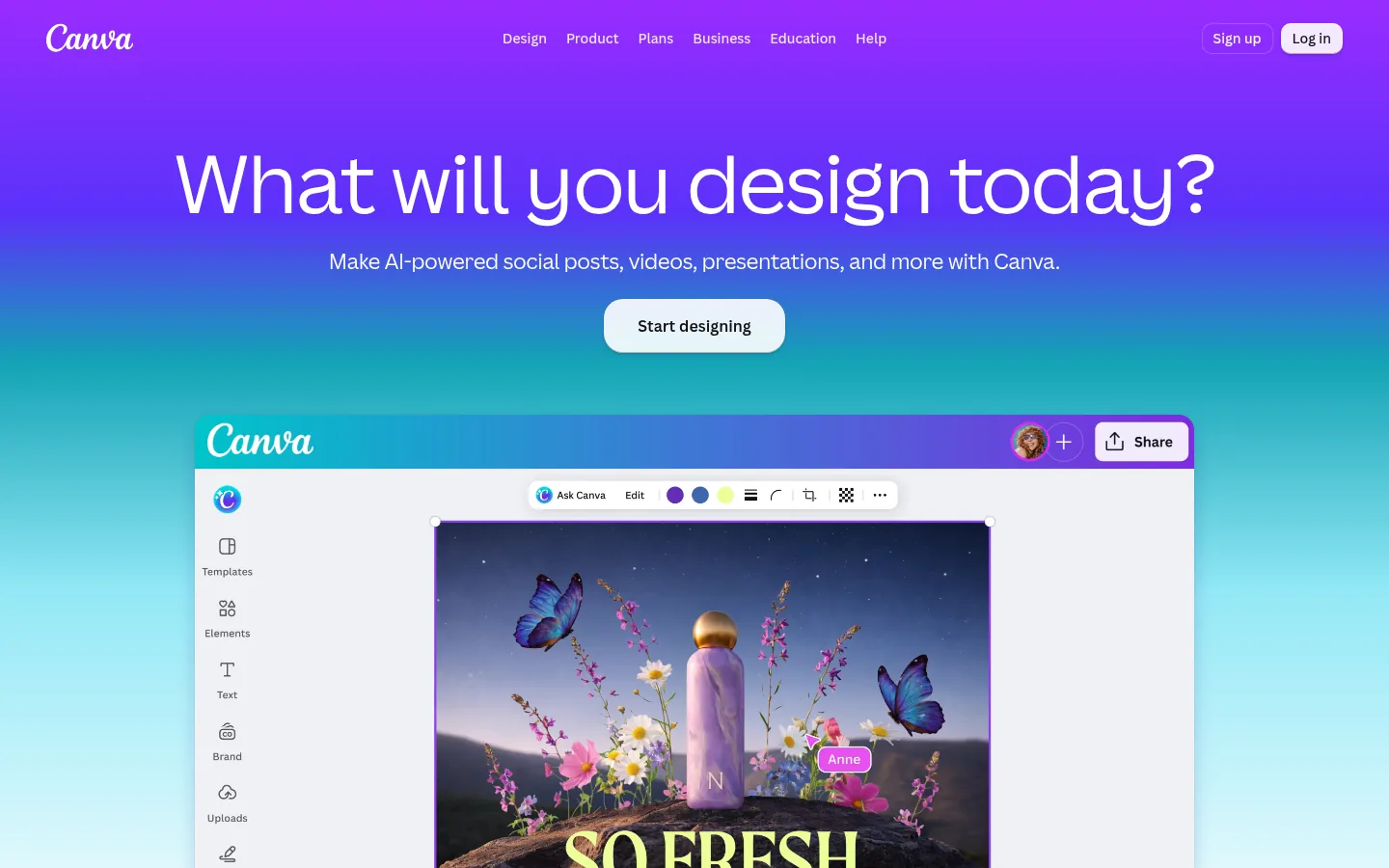 Canva website, showing the home page design prompt above the Canva editor