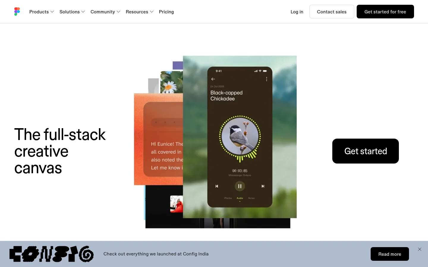 Figma website, showing the home page headline about a full stack creative canvas