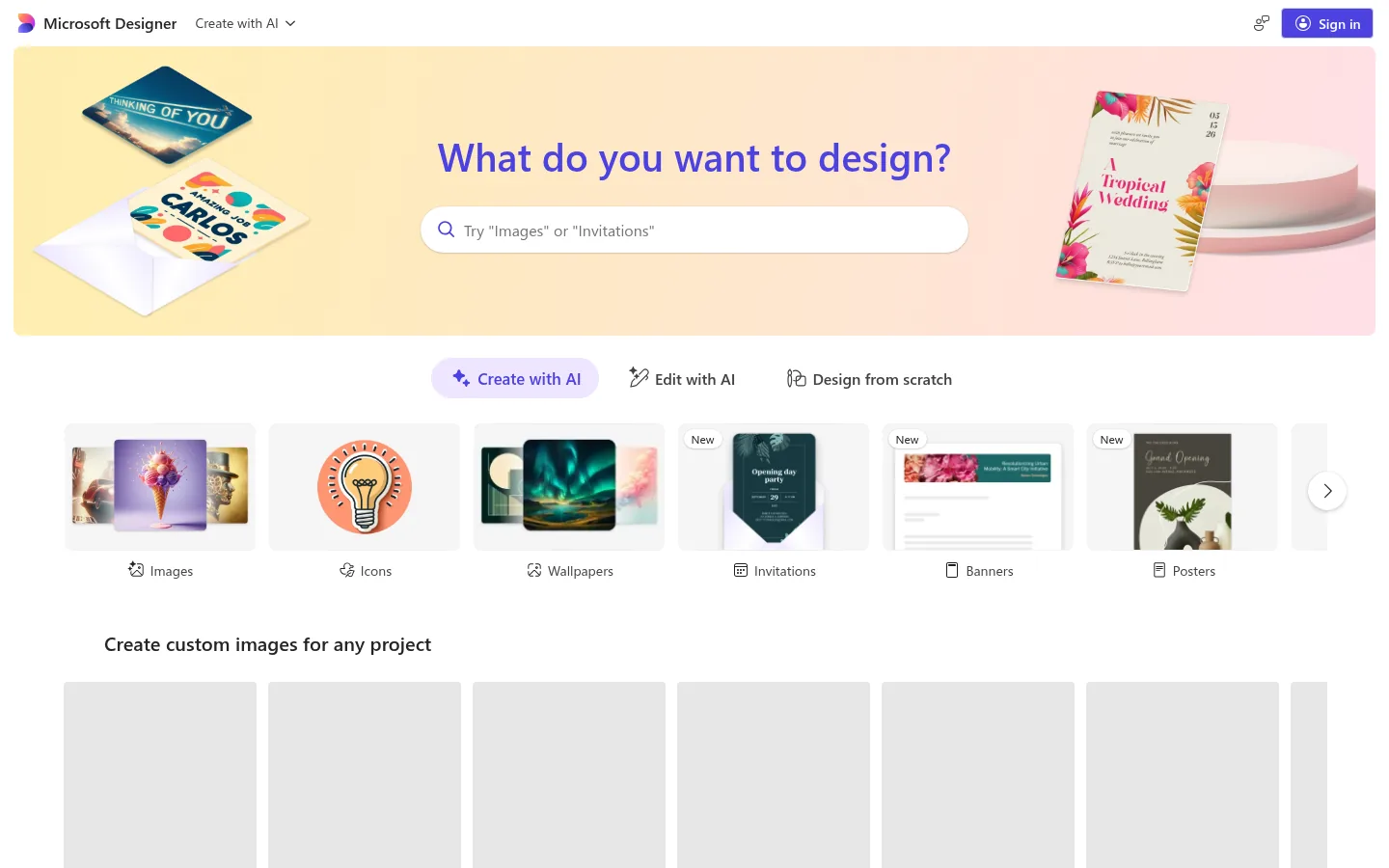 Microsoft Designer website, showing the design prompt box above template thumbnails