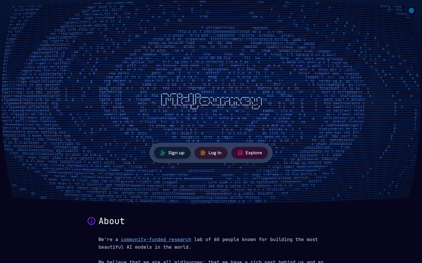 Midjourney website, showing the home page with the Midjourney name on a dark background