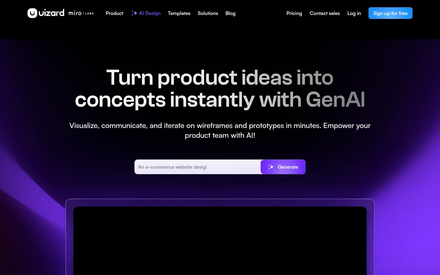 Uizard website, showing the home page headline about turning product ideas into concepts with a prompt box