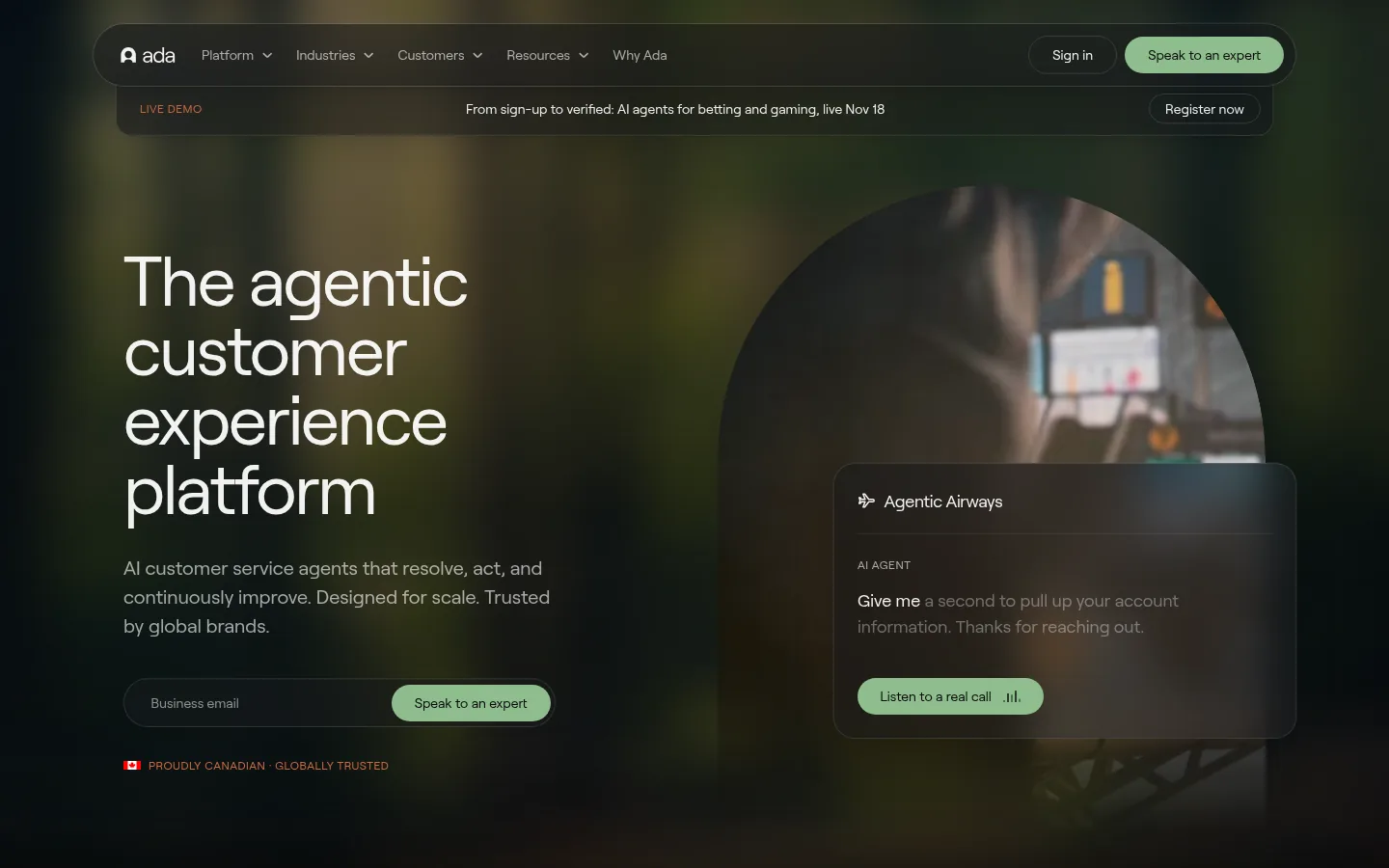 Ada website, showing the home page headline about an agentic customer experience platform