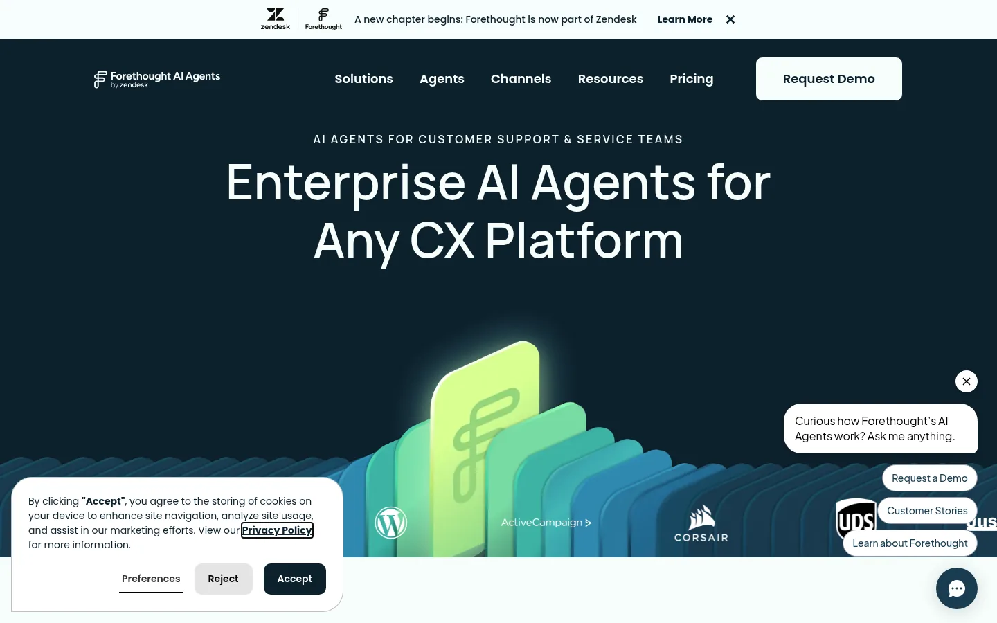 Forethought website, showing the home page headline about AI agents for customer experience platforms and a cookie notice