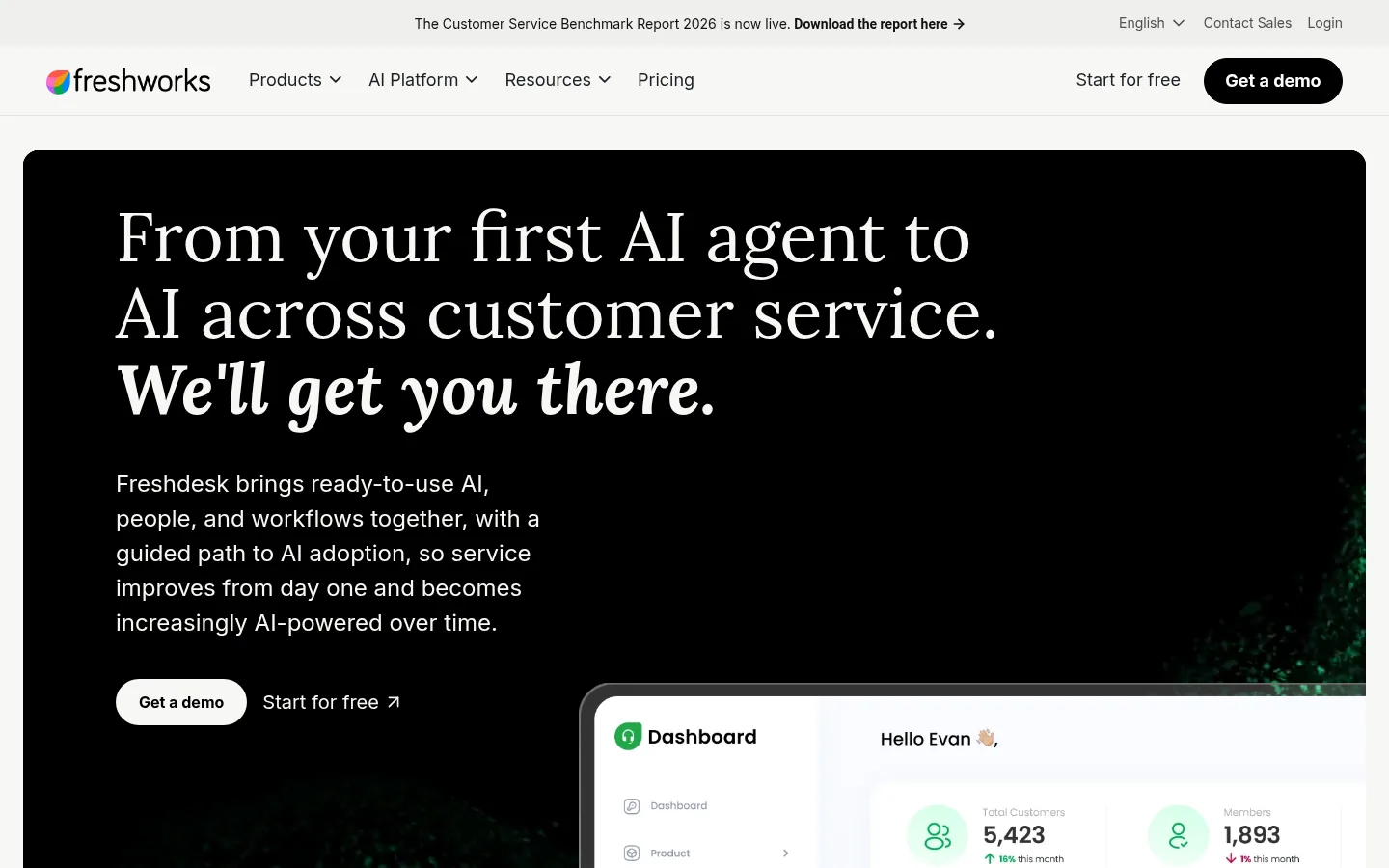 Freshdesk website, showing the Freshdesk page headline about AI agents across customer service