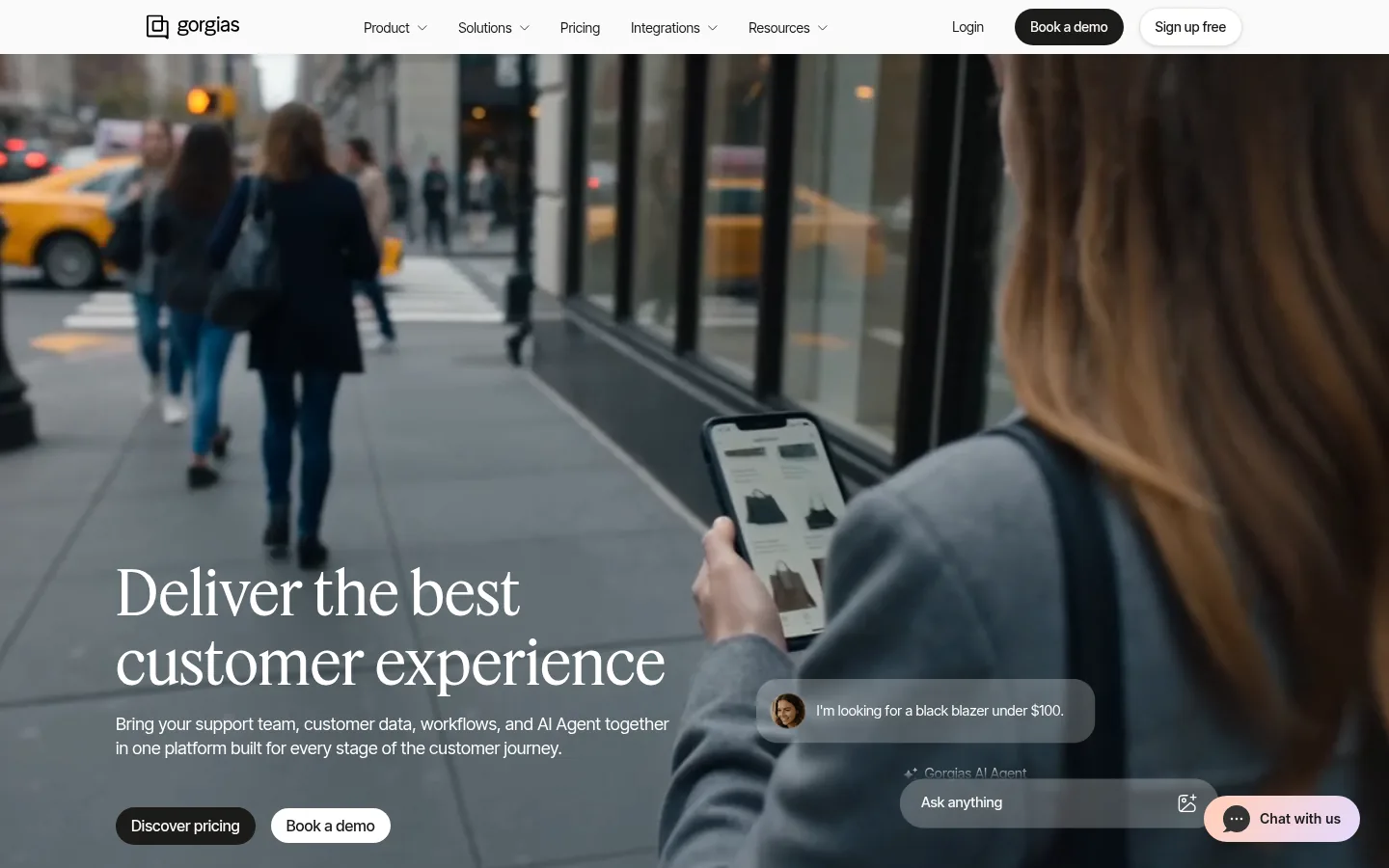 Gorgias website, showing the home page headline about customer experience over a street photo