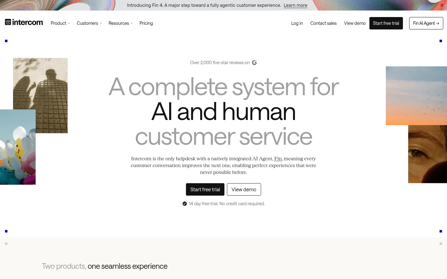 Intercom website, showing the home page headline about a system for AI and human customer service