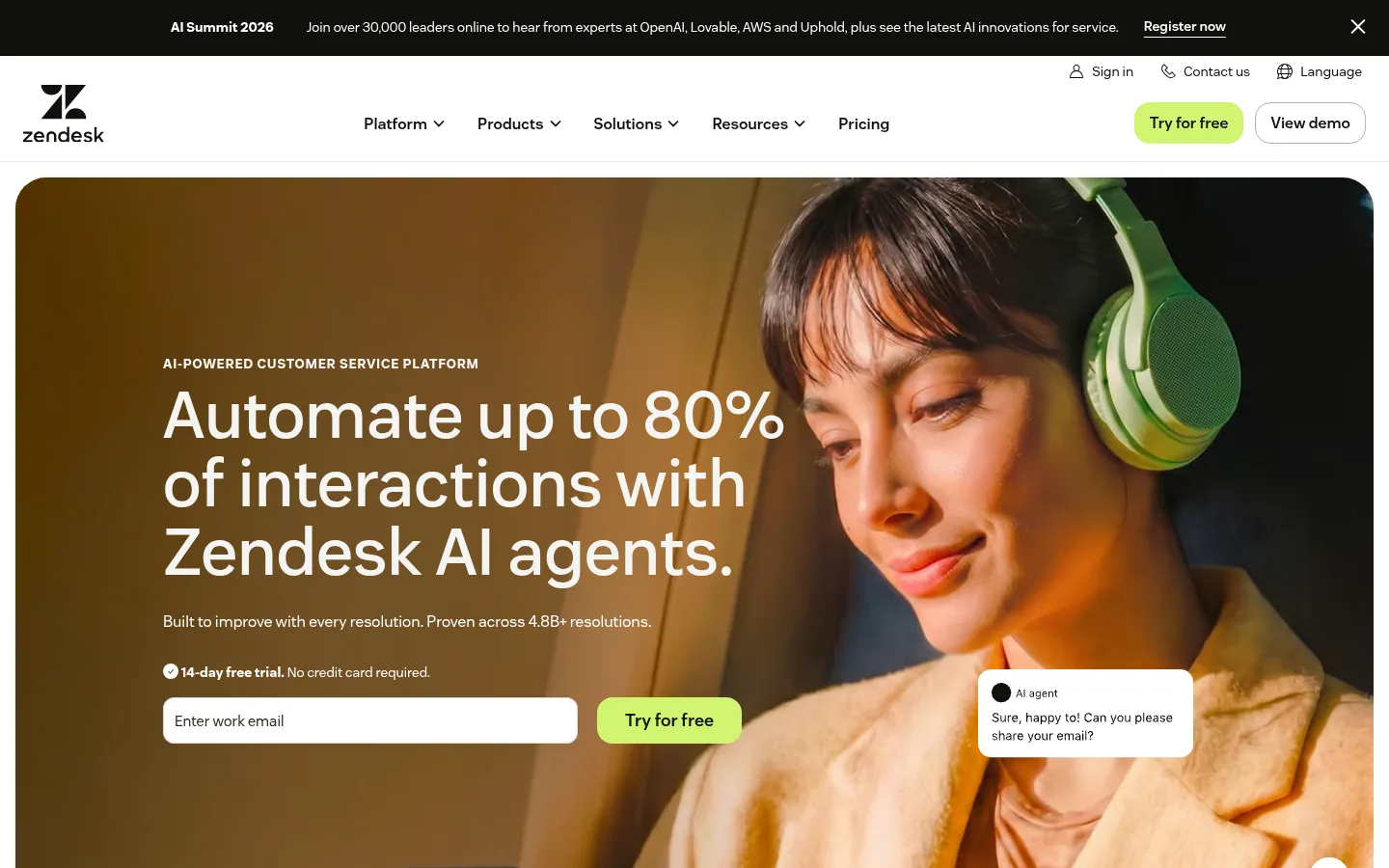 Zendesk website, showing the home page headline about Zendesk AI agents handling customer interactions