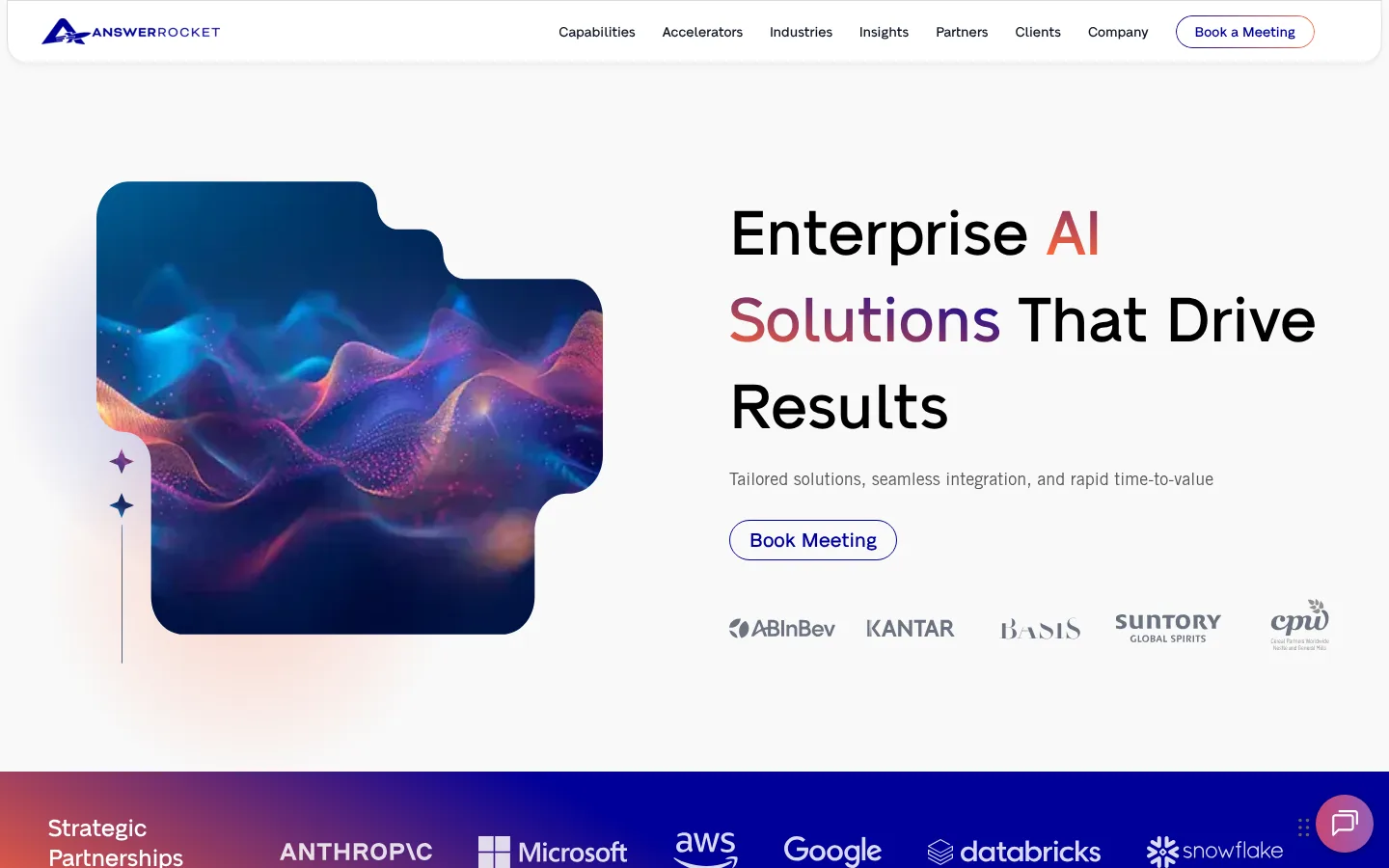 AnswerRocket website, showing the home page headline about enterprise AI solutions with partner logos