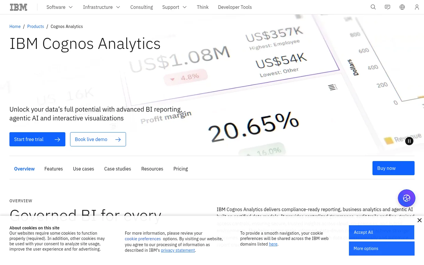 IBM Cognos Analytics website, showing the IBM Cognos Analytics product page header with a cookie notice