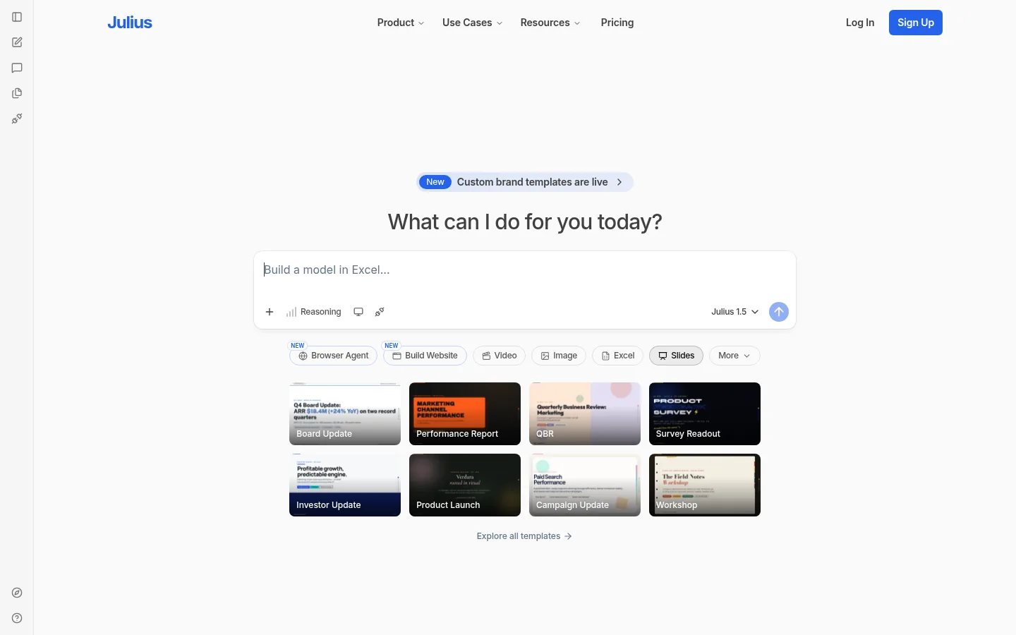 Julius website, showing the prompt box for data questions above template cards