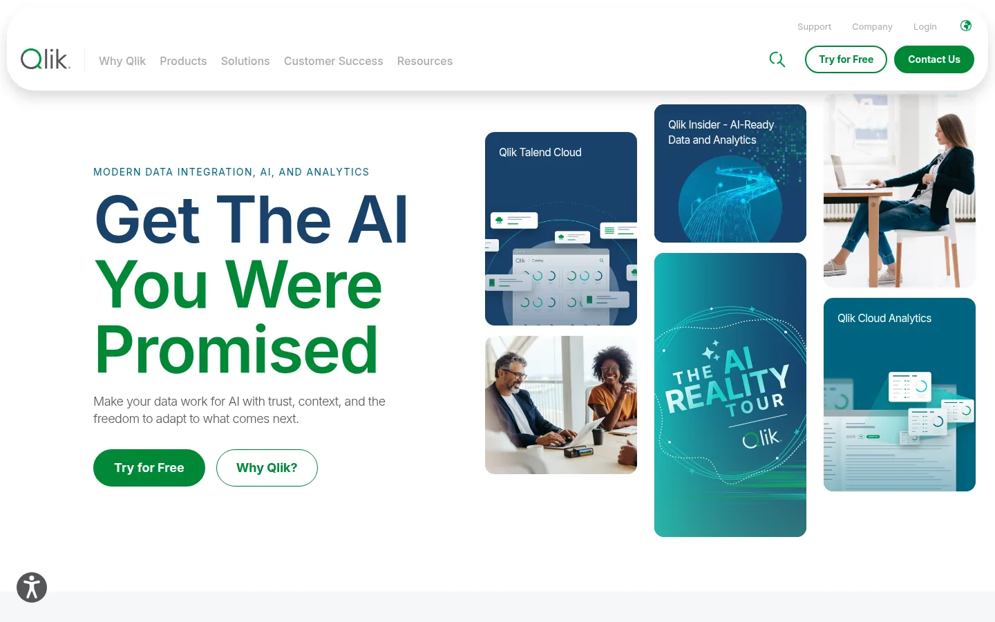 Qlik website, showing the home page headline about AI beside product tiles