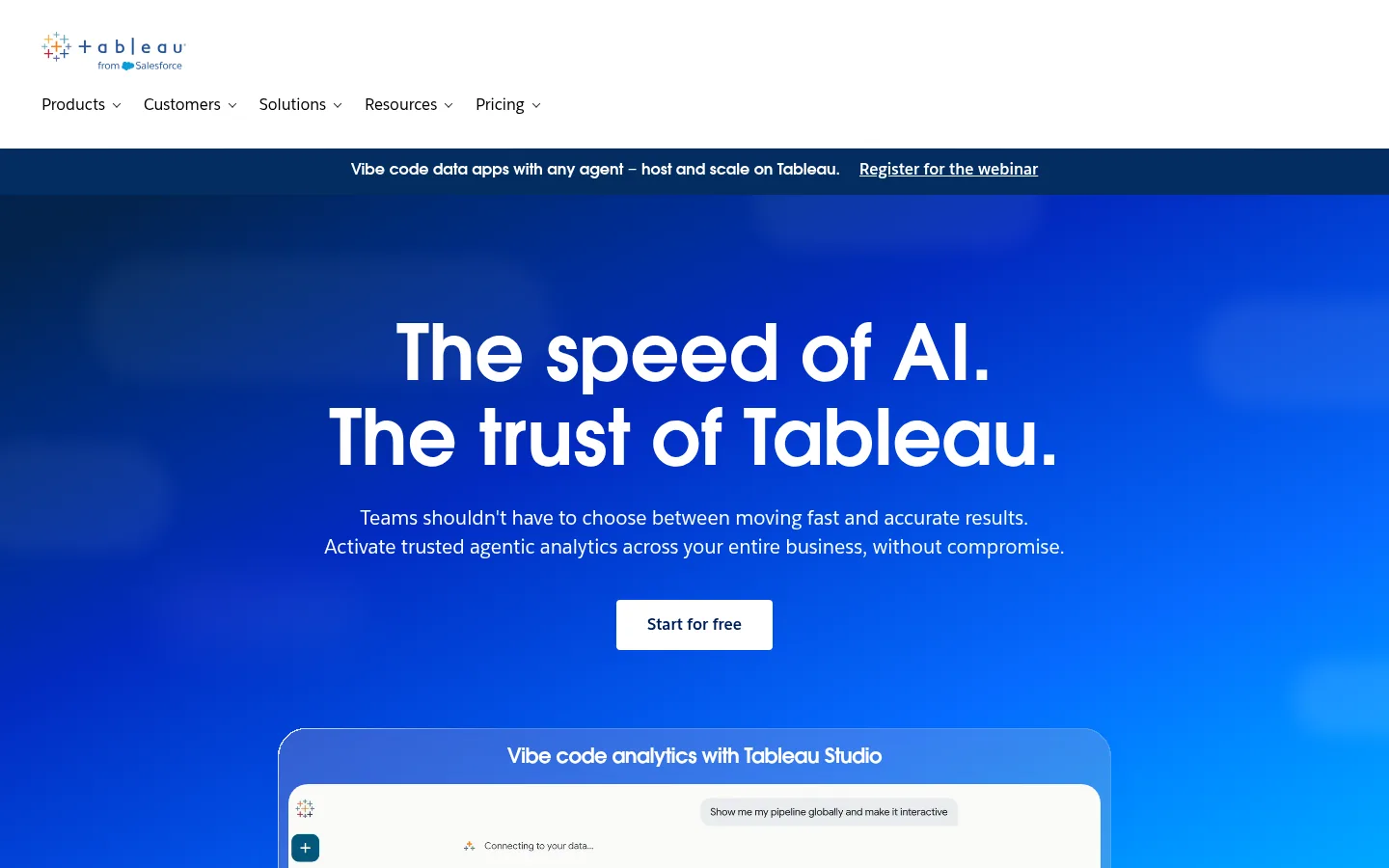 Tableau website, showing the home page headline about the speed of AI and the trust of Tableau