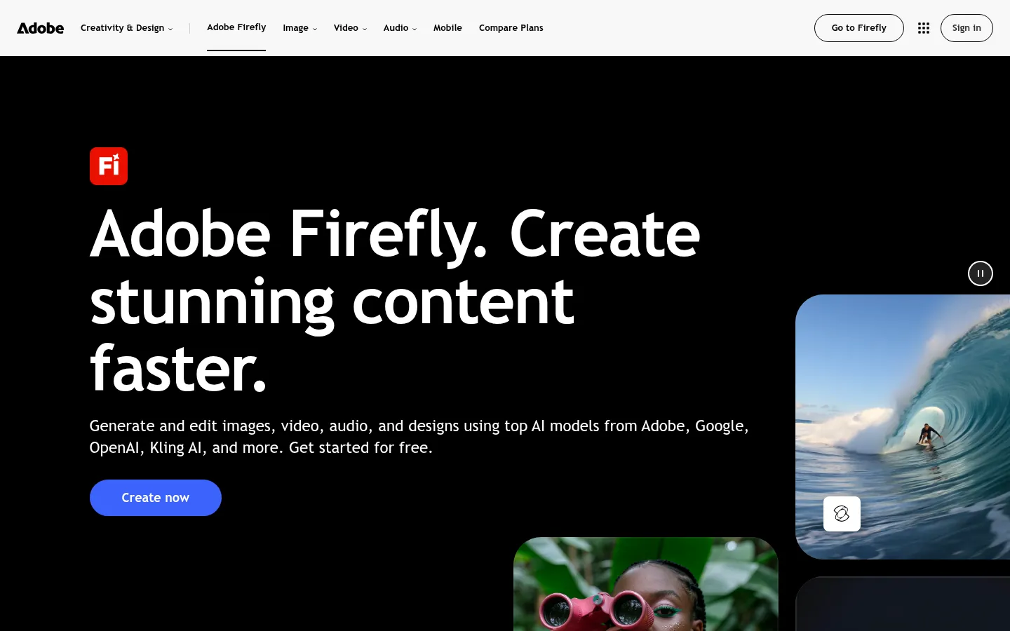Adobe Firefly website, showing the Firefly home page with the Create now button and sample generated images