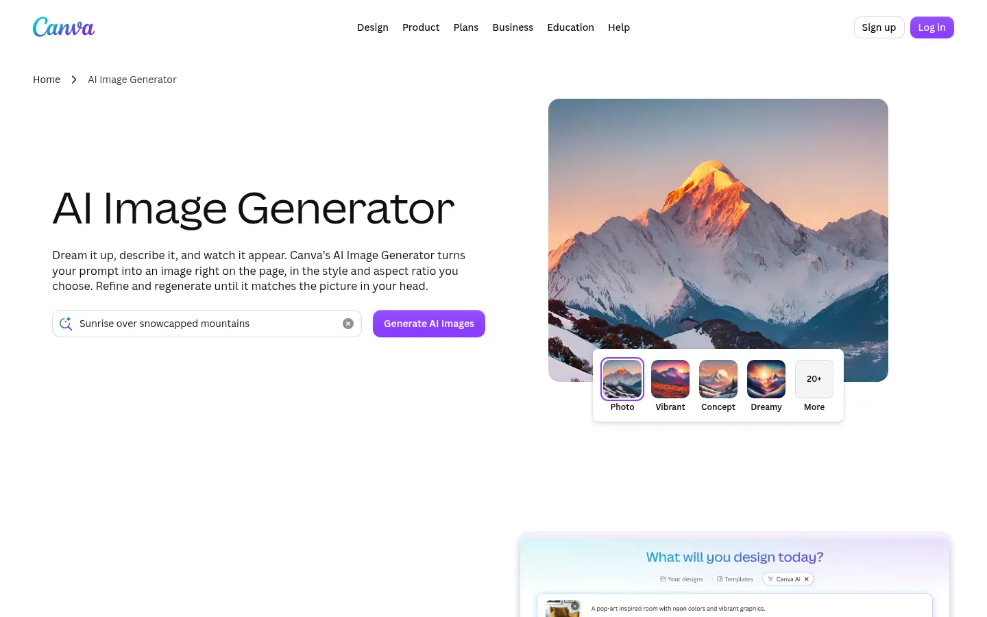 Canva website, showing the AI Image Generator page with a prompt box and style options