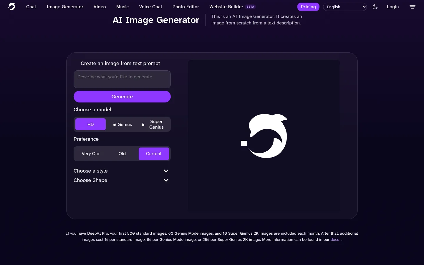 DeepAI website, showing the AI Image Generator with prompt, model and style controls