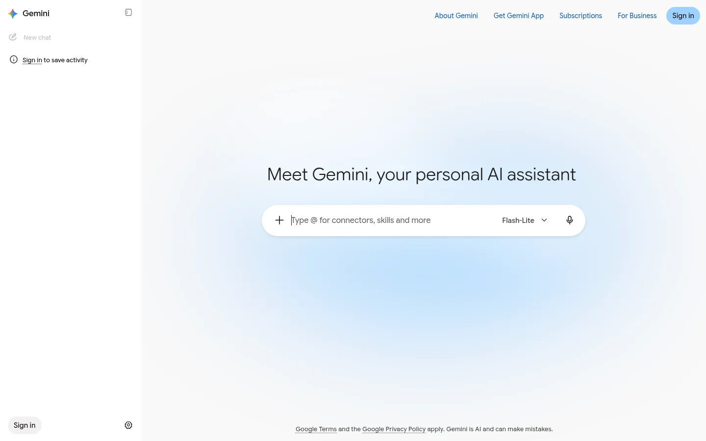 Google Gemini website, showing the Gemini assistant start screen with its prompt box