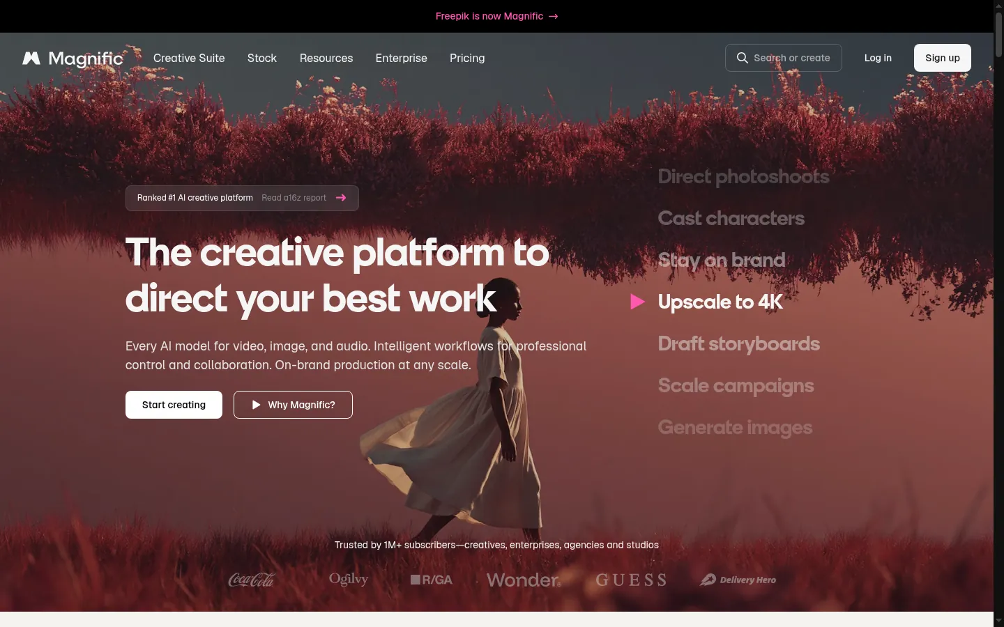 Magnific website, showing the home page describing its AI creative platform