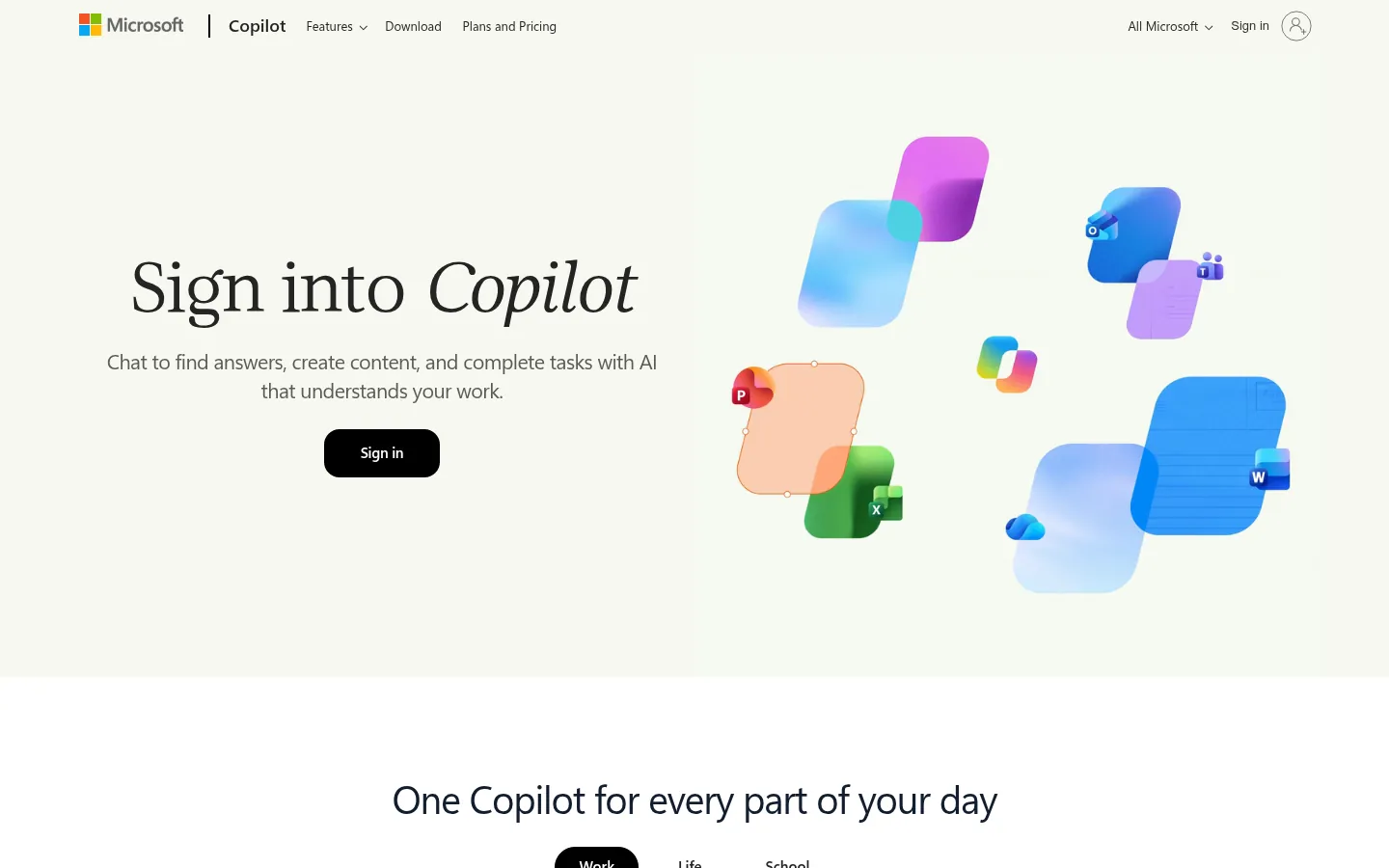 Microsoft Copilot website, showing the Copilot sign in page