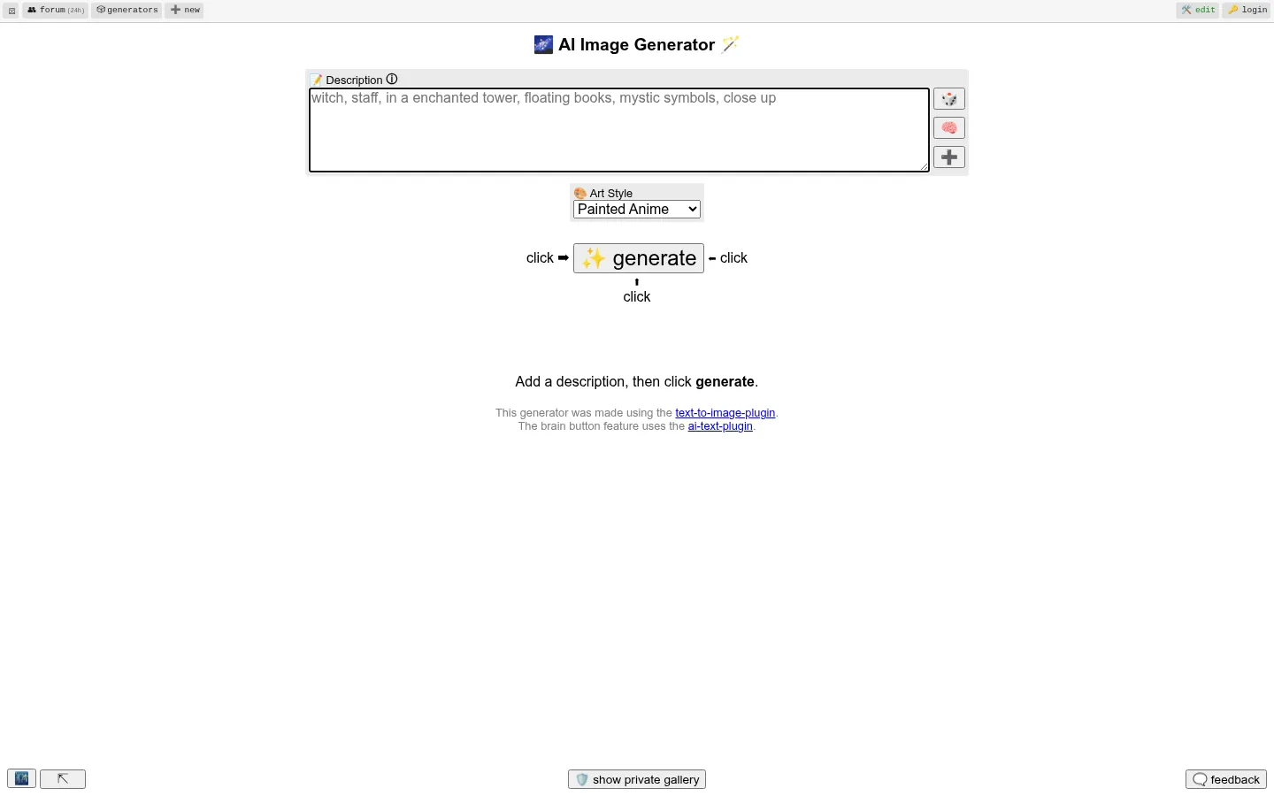 Perchance website, showing the AI Image Generator description box, art style menu and generate button