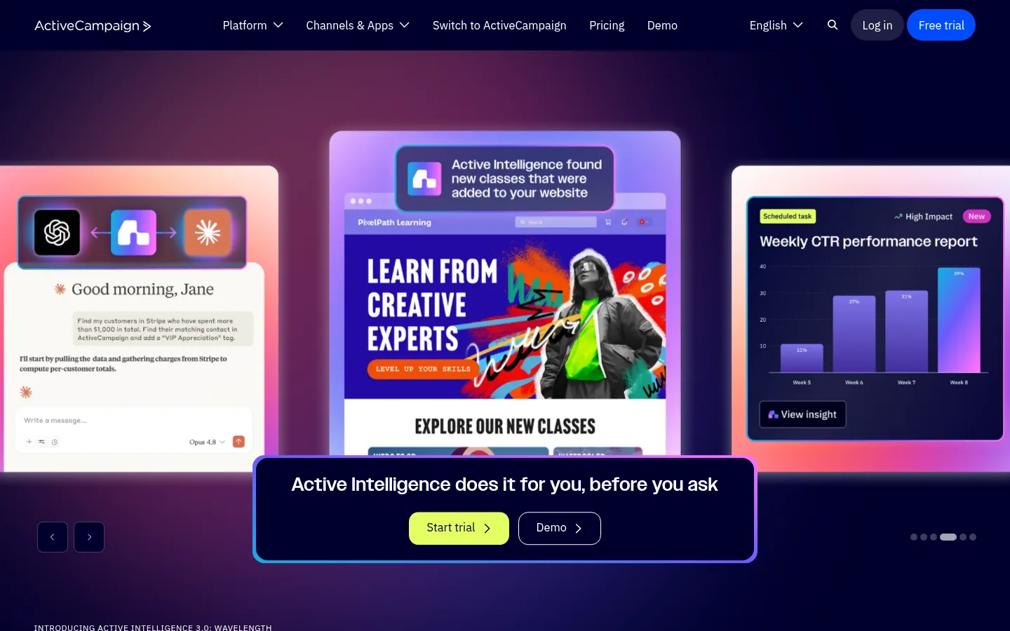 ActiveCampaign website, showing the home page carousel with a campaign builder preview