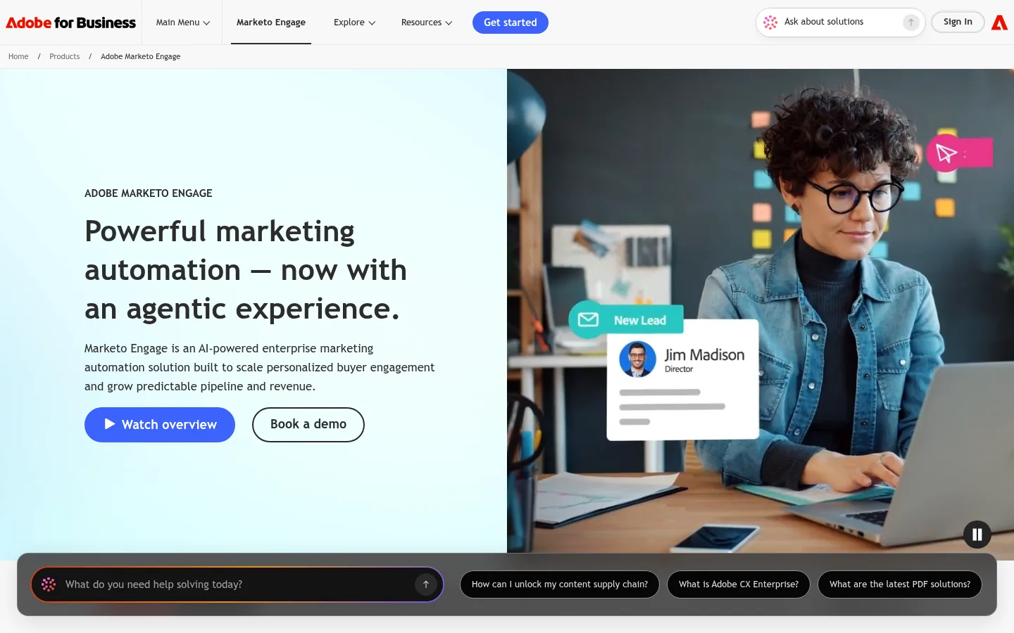 Adobe Marketo Engage website, showing the Marketo Engage product page headline about marketing automation