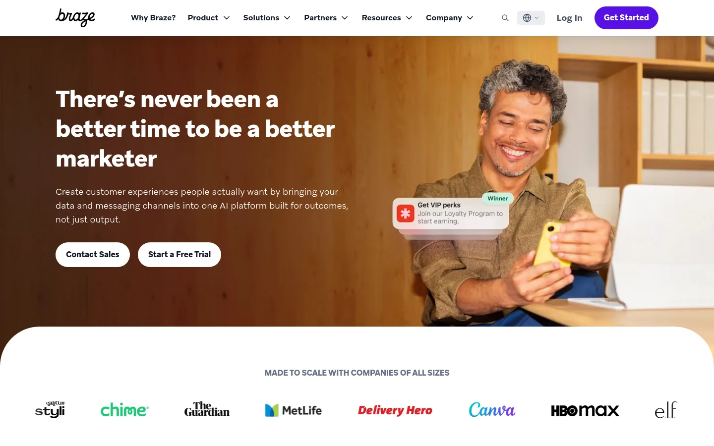 Braze website, showing the home page headline for marketers above customer logos