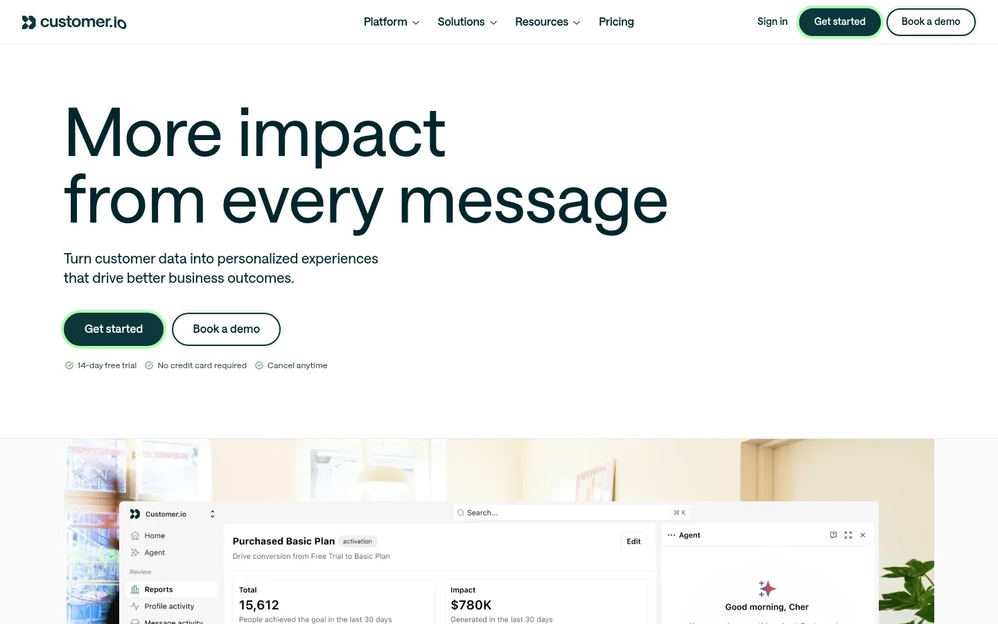 Customer.io website, showing the home page headline about customer messages above a dashboard preview