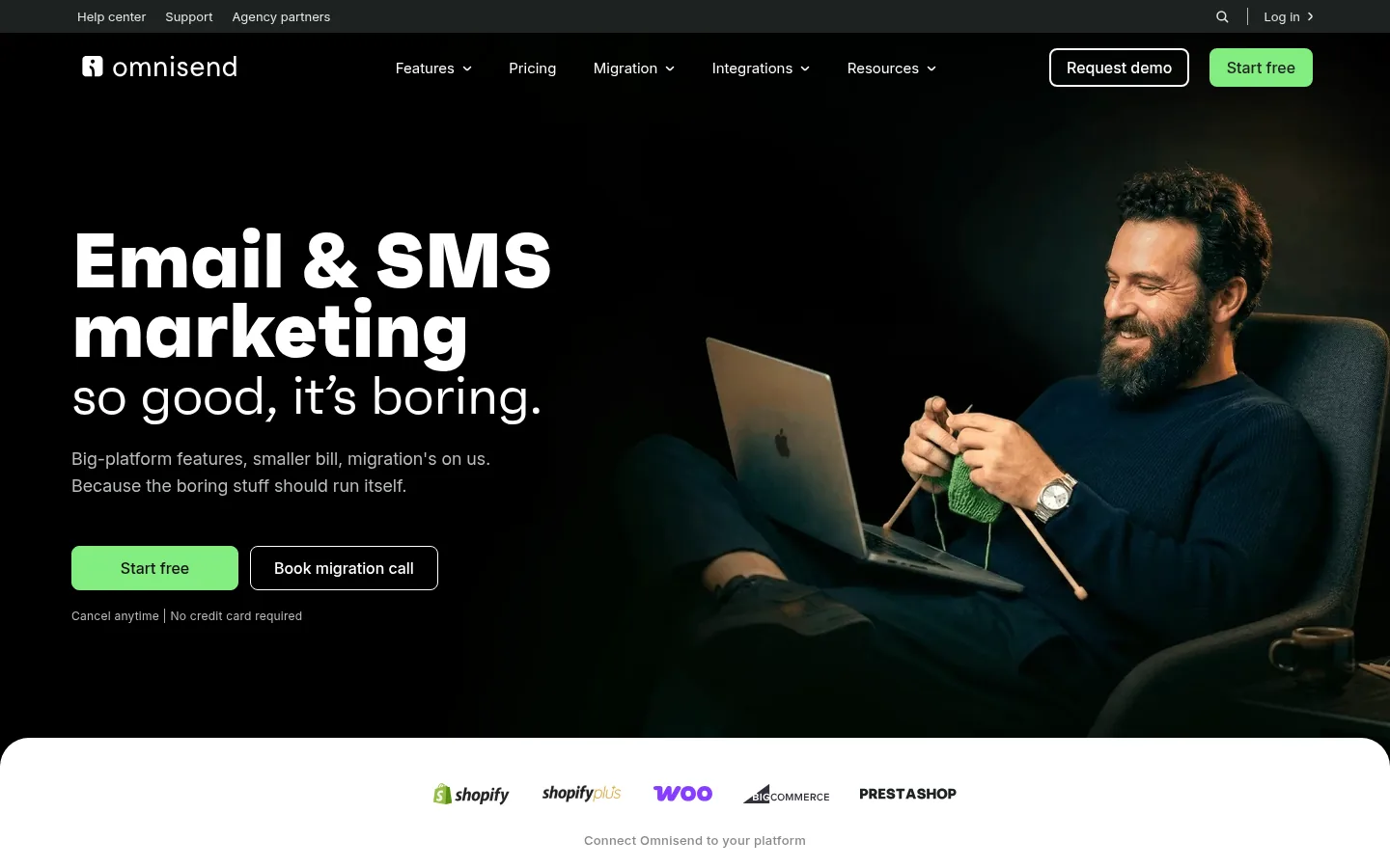 Omnisend website, showing the home page headline about email and SMS marketing