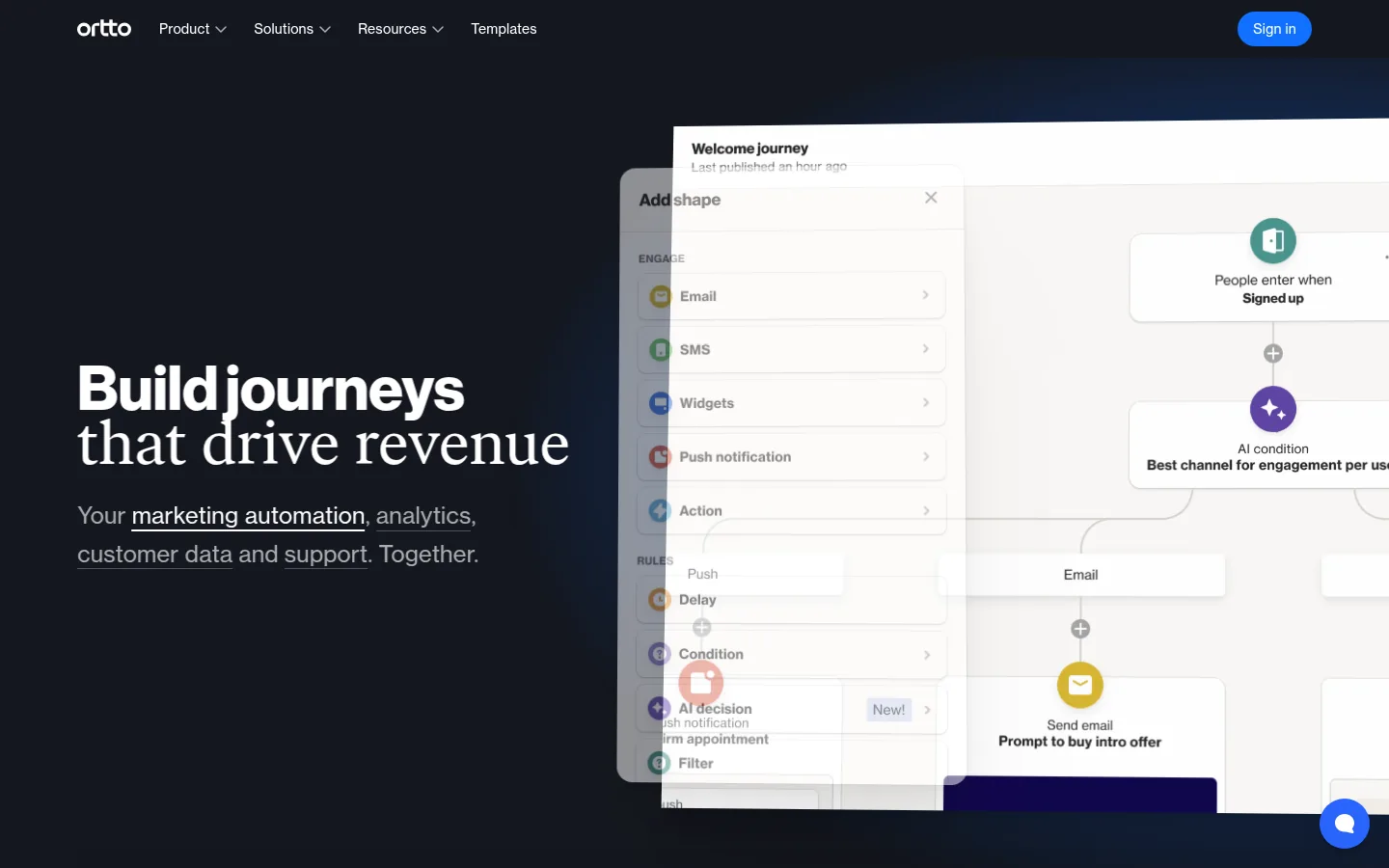 Ortto website, showing the home page headline about customer journeys beside a journey builder