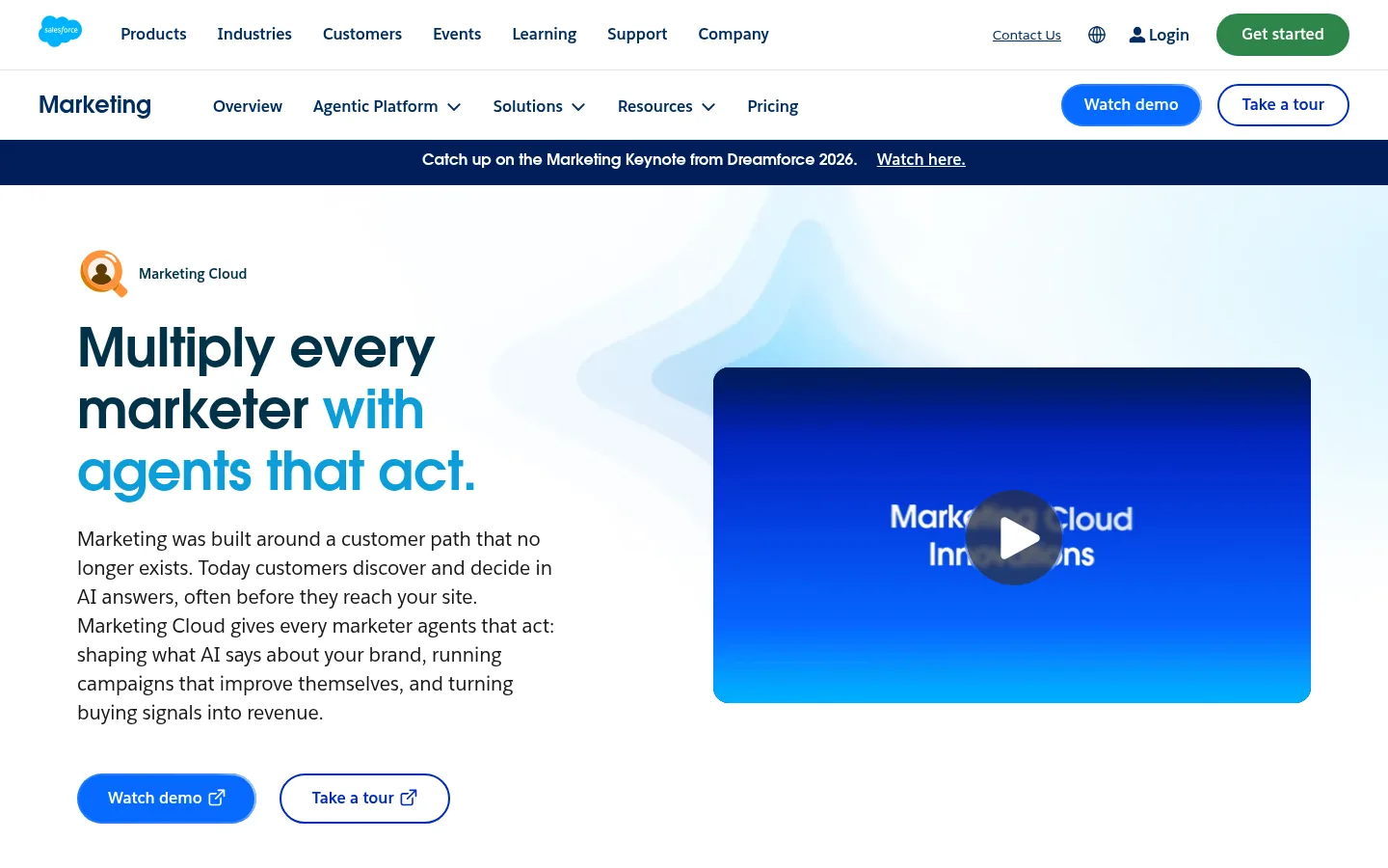Salesforce Marketing Cloud website, showing the Marketing Cloud page headline about agents for every marketer