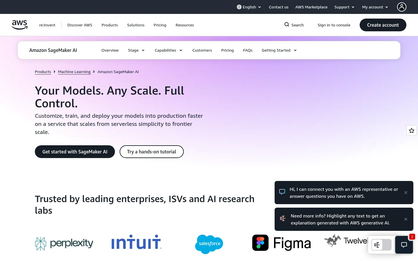 Amazon SageMaker AI website, showing the SageMaker AI product page with its Get started buttons