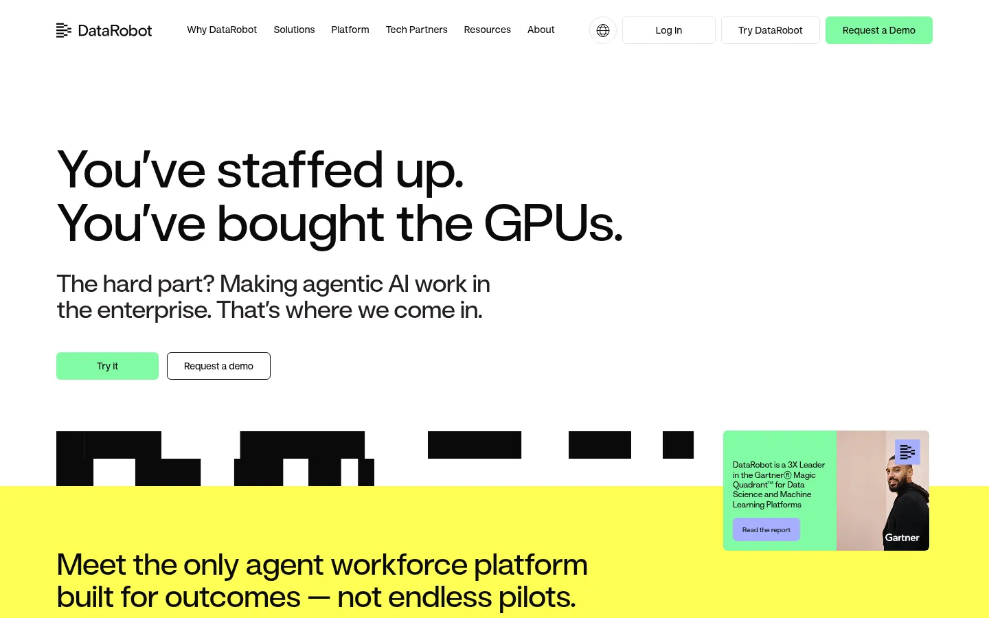 DataRobot website, showing the home page promoting its agent workforce platform