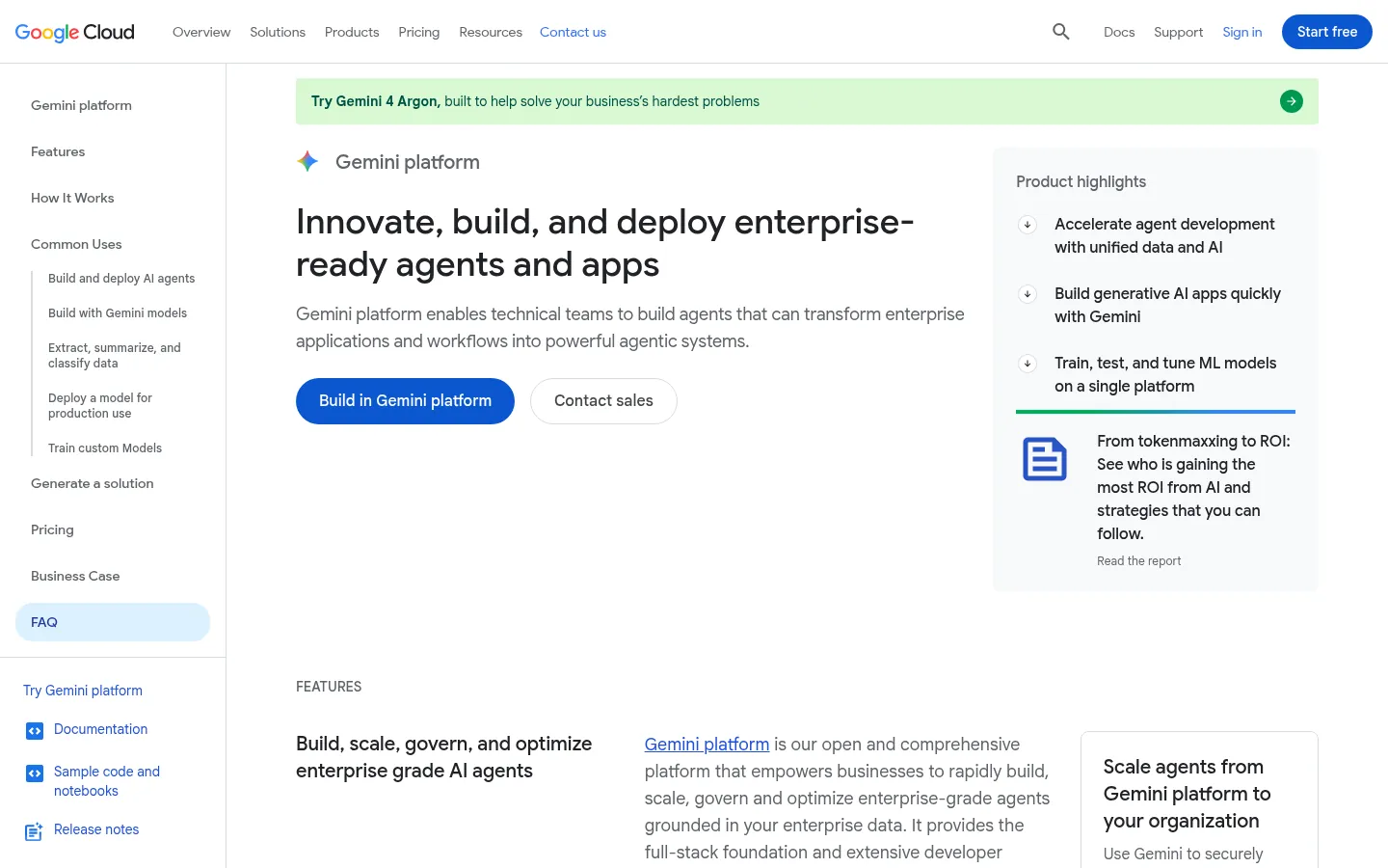 Gemini Enterprise Agent Platform website, showing the Gemini platform product page on Google Cloud