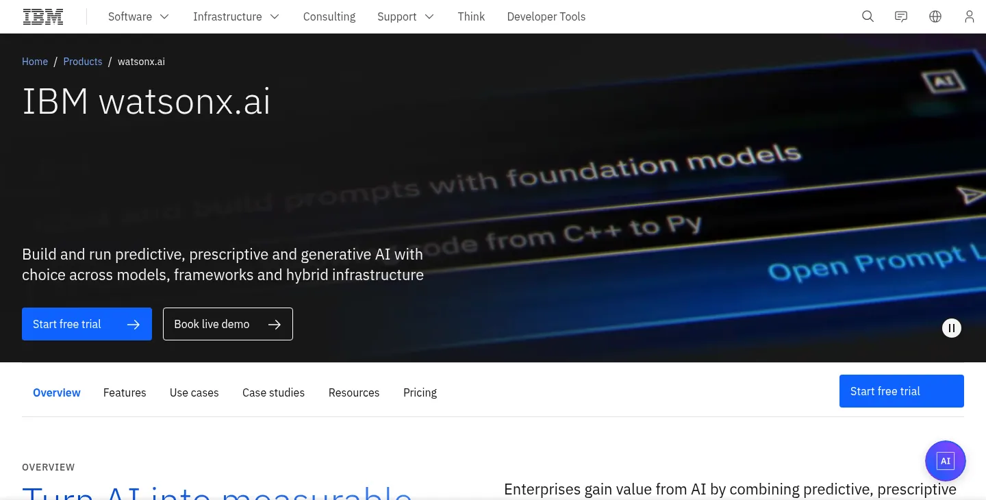 IBM watsonx.ai website, showing the watsonx.ai product page with free trial and demo buttons